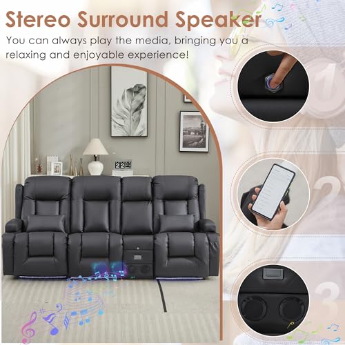 TUNYI Wall Hugger Loveseat Recliner Sofa with Console, Power Reclining Loveseat RV Couch with Massage & Heat/USB/Outlet/Storage/LED Light/Speaker (Light Grey, 3 Seat with Console)