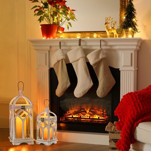 Staymoment Farmhouse Decorative Candle Lanterns Set of 2, Indoor Rustic Wooden Candle Holder for Table Centerpiece Fireplace Mantle, 12" & 16" Hanging Home Decor for LED & Real Candles, Whitewashed Staymoment