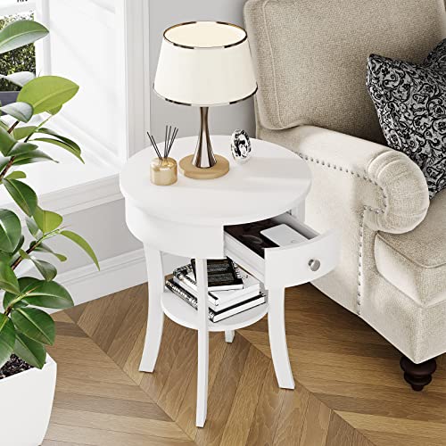 Giantex Round End Table with Drawer, 2-Tier Wood Side Table w/Open Shelf, Small Sofa Side Table for Small Space, Multipurpose Accent Table for Bedroom Living Room Home (1, White) Giantex