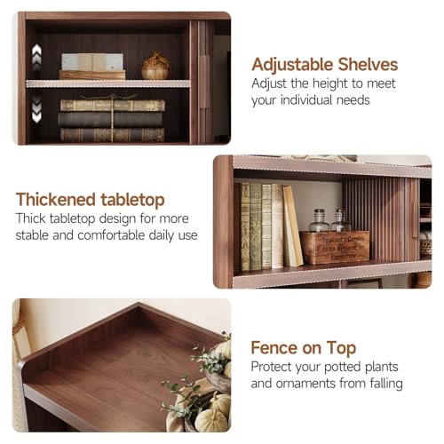 ONBRILL 44" Sideboard Buffet Cabinet with Outlet & 2 Open Storage Spaces, Fluted Sideboard Cabinet with Sliding Door & Adjustable Shelves, Mid-Century Accent Coffee Bar Console Table with Wooden Feet ONBRILL