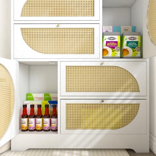 YUHOCB Kitchen Pantry Storage Cabinet with Power Outlet,Tall Kitchen Hutch Cabinet with Microwave Stand,Utility Pantry with Doors and Shelves for Dining Room, Living Roo (White) YUHOCB