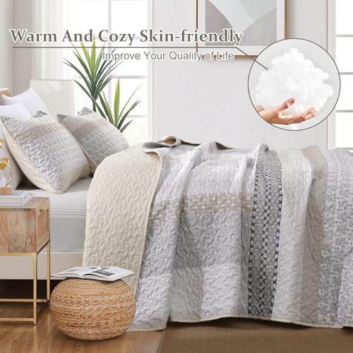 WONGS BEDDING Beige Quilt Queen Size, Bohemian Stripe Quilt Sets 3 Pieces Beige Boho Quilted Bedspread Set Lightweight Microfiber Coverlet Bedding Set All Season (96"x90") WONGS BEDDING