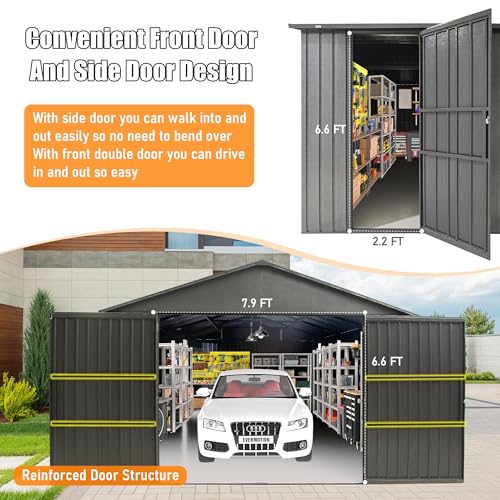 Domi 12x15FT Outdoor Metal Garage Shed, Extra Large Metal Carport with Lockable Double Hinged Doors, Heavy Duty Car Shelter for Car, Truck, Motorcycle and Lawn Equipment, Dark Grey domi outdoor living