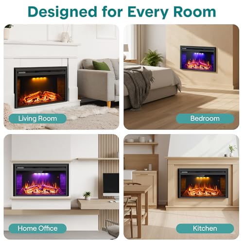 SereneLife Electric Fireplace Heater with LED Flame, Smart Wi-Fi, Remote, Thermostat, 13 Color Modes, Recessed or Wall Mounted Fire Place, Quiet Operation, Overheat Protection, Black Frame SereneLife