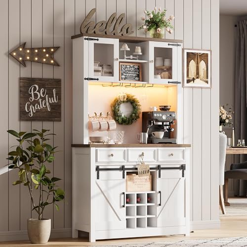 GAOMON 72" Coffee Bar Cabinet with Power Outlets and LED Lights, Sliding Barn Doors, Kitchen Buffet with Wine Storage, Modern Farmhouse, Ample Storage for Home Bar, Microwave, White GAOMON
