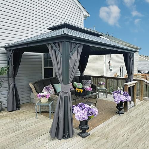 Domi 10’ X 12’ Hardtop Gazebo Canopy with Netting & Curtains, Outdoor Aluminum Gazebo with Galvanized Steel Double Roof for Patio Lawn and Garden, Gray domi outdoor living