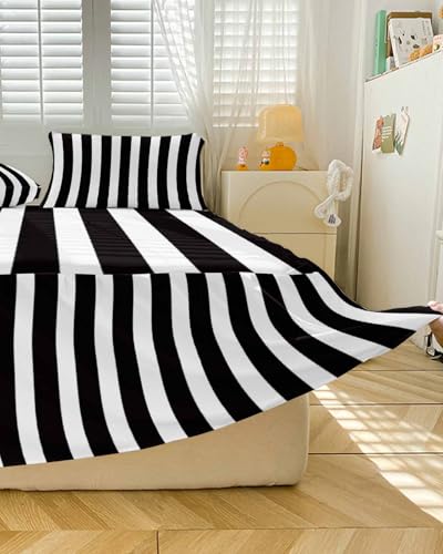 Ruffle Skirt Bedspread for Twin Size Bed Black and White Stripes 2 Piece Bedding Cover with Pillow Sham,18In Drop Bedskirt Coverlet Bedroom Dorm Decor Modern Geometric Art Chucoco