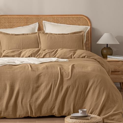PHF 100% Natural Cotton Muslin Duvet Cover Set Queen Size, Ultra Soft Breathable Absorbent, Luxurious Minimalist Gauze Bedding for All Season, Duvet Set with 2 Pillow Shams, 90" x 90", Brown PHF