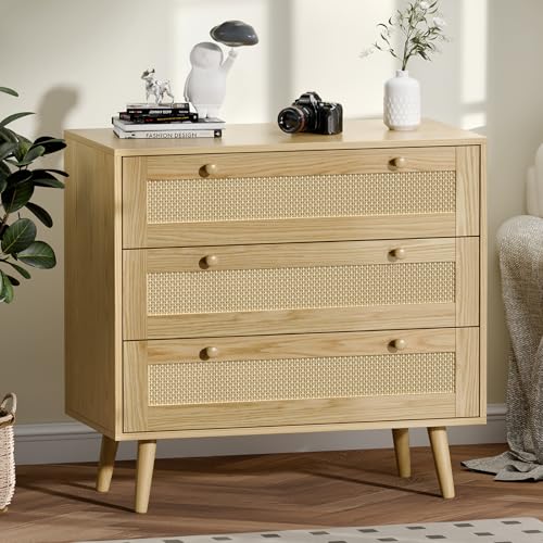 infurnic 3 Drawer Rattan Dresser for Bedroom, Modern Wooden Dresser Chest with Handles for Bedroom, Hallway and Living Room, Wood Oak infurnic