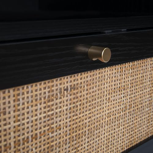 Natural Rattan Nightstands Set of 2, Accent End Table, Boho Bedside Table with 1 Hand Made Decorated Door for Living Room, Bedroom, Black Angel Sar