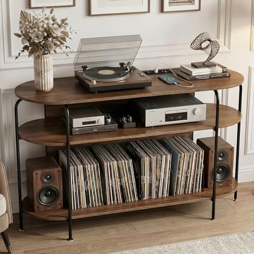 Faesun Large Record Player Stand with Vinyl Record Storage & Power Outlets, Holds 200+ Albums, 3-Tier Turntable Stand for Living Room & Bedroom, Mid Century Round Shelf Design,Walnut Faesun