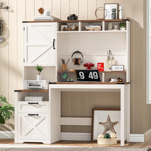 Farmhouse Executive Desk 51" Computer Desk with 2 Drawers Storage Cabinet and Power Outlets Wood Home Office Desk with Hutch & Monitor Stand, Writing Desk Workstation for Bedroom Study, Rustic White Halitaa