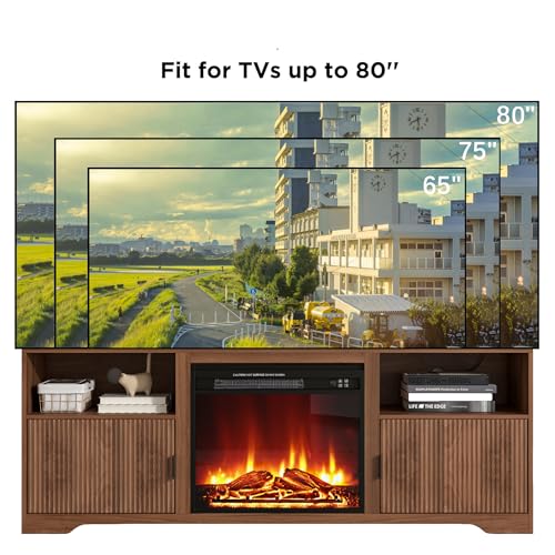 Fireplace TV Stand for Television up to 80 Inch,Entertainment Center with Adjustable Shelf,Mid-Century Modern Fluted TV Stand with 23" Electric Fireplace,Media Console for Living Room,Bedroom Mxtxmy