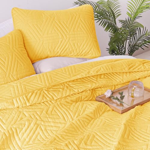 Whale Flotilla Soft Queen Size Quilt Set for All Seasons, 3-Piece Ultrasonic Geometric Quilts Bedding Set, Lightweight Reversible Bedspread, Coverlet, Bed Cover with 2 Pillow Shams, Yellow Whale Flotilla