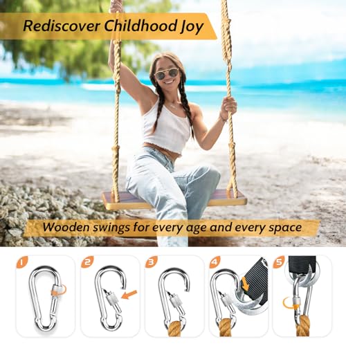 JMZOO Wooden Swing, Swing Seat 24"x 8"x 1.2",Adult Wooden Tree Swing 500lbs,Adjustable Hemp Rope & Extension Tree Straps 100 inch,Outdoor Wood Swing,Hanging Wooden Swing,Wood Swings for Adults Kids JMZOO