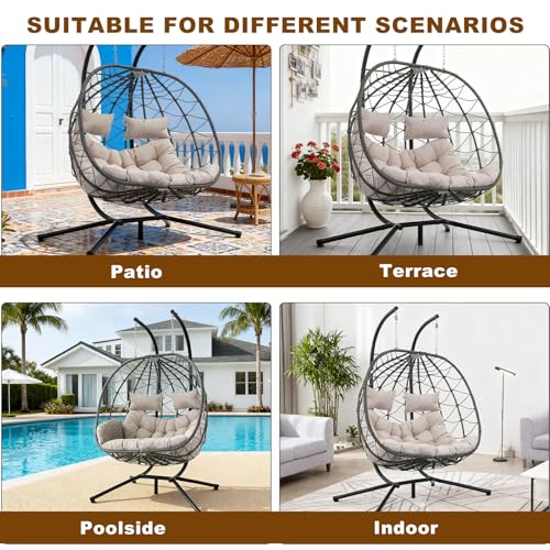 ZOMEYLPO Double Hanging Egg Chair, Hammock Chair with Stand, Swing Chairs with Cushion 700 LBS Capacity for Indoor, Bedroom, Outdoor, Porch, Patio, Beige ZOMEYLPO