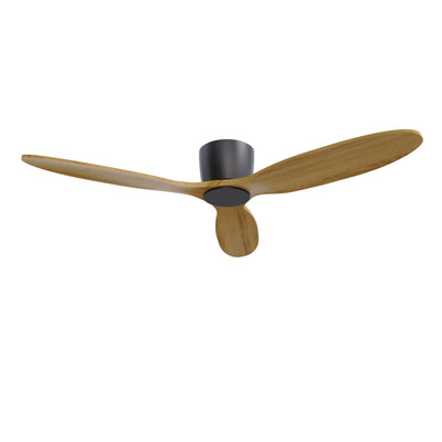 Flush Mount Ceiling Fan no light with Remote, 52 inch Low Profile Wood Ceiling Fan no light, Modern Ceiling Fan without light for Outdoor, Bedroom, Natural Wood and matte Black, DC Motor, 6 Speed