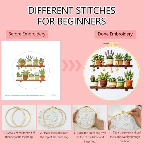 Zhenqing Plant Shelf Embroidery Kit for Beginners, Pre-Printed 29x29cm Circular Cotton Fabric with 20cm Hoop, Cozy Indoor Garden Design for Home Decor (JC0016)