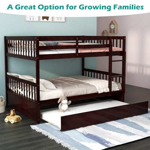 Giantex Espresso Full Over Full Bunk Bed with Trundle & Guardrails, Convertible Design for Kids and Adults Giantex