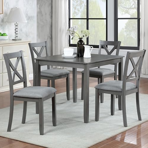 Harper & Bright Designs Modern 5-Piece Wooden Dining Table Set for 4, Grey Square Kitchen Table & 4 Upholstered Seating Chairs, Acacia/Birch Veneer, Space-Saving Design for Dining Room & Small Spaces Harper & Bright Designs