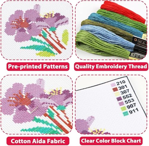 Beginner DIY Stamped Cross Stitch Kit with Embroidery Hoop Pre-Printed Pattern Fishing Trout Fish DIY Needlepoint Craft Kit for Adults Includes All Supplies Wall Art Decor Gift 33x33cm (196)