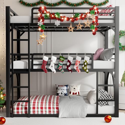 PVWIIK Full Triple Bunk Bed with Ladder for 3 Kids/Teen/Adults Bedroom,Full Over Full Over Full Heavy Duty Metal Bunk Bed for Girls & Boys,Black PVWIIK