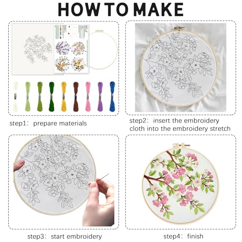 INFUNLY 4 Pack Seasons Flowers Embroidery Starter Kit for Beginners Branches Leaves DIY Embroidery Kits for Adults Stamped Needlepoint Set with Step-by-Step Instructions Threads Craft Lover Gift