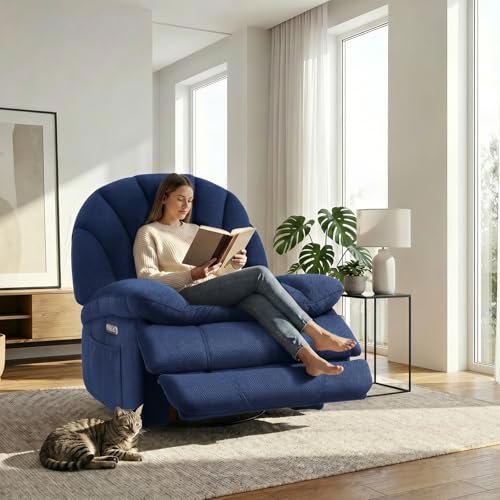 EONIX Dual Motor Power Swivel Rocking Recliner Chair for Living Room, Armless Oversized Shell Shape Lazy Boy Rocker Recliner, Plush Fabric Thickened Cushion, Elevated Soft and Comfort, Navy Blue