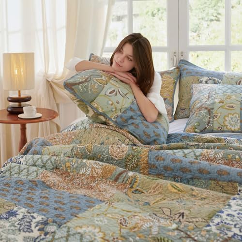 Secgo Queen Comforter Set for Bed - 100% Cotton Quilts Queen Size, Green, Sage Bedspreads (90 * 98 Inch) with 2 Pillow Shams, Patchwork Reversible Lightweight Bedding Secgo