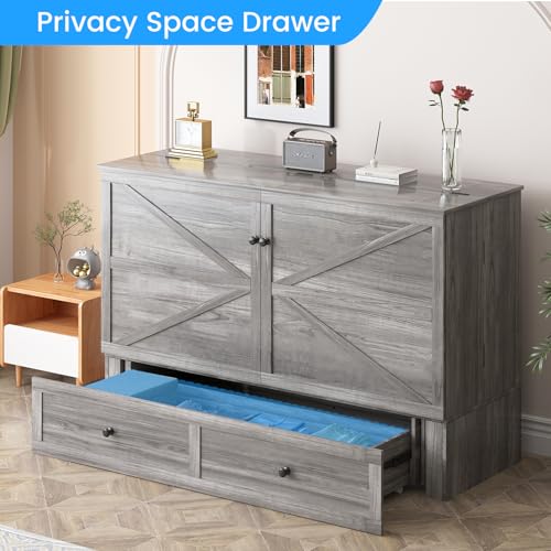 PUREMIND Full Murphy Bed Cabinet with Mattress Included, Bedroom Cabinet Beds with USB Charging Station, Murphy Chest Bed with Storage Drawers, Horizontal Wallbed for Guest Room Grey PUREMIND