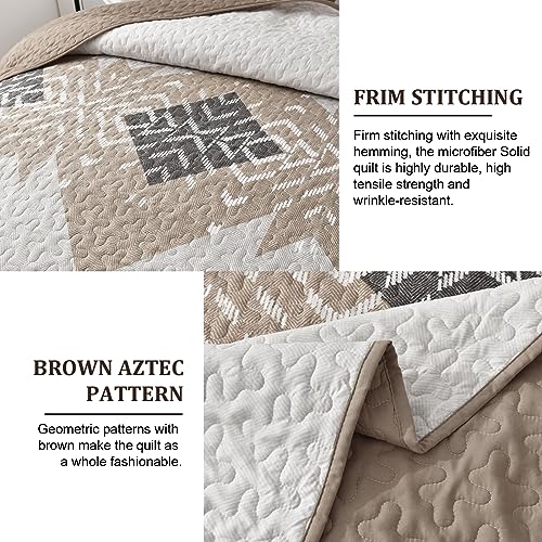 Dintszyayue Brown Boho Quilt Set Queen,3 Pieces Aztec Texture Quilt with 2 Pillowcases,Bohemian Geometric Bedspread Bedding Set Microfiber Quilted Coverlet Set for All Seasons Queen Size(90"×96") Dintszyayue