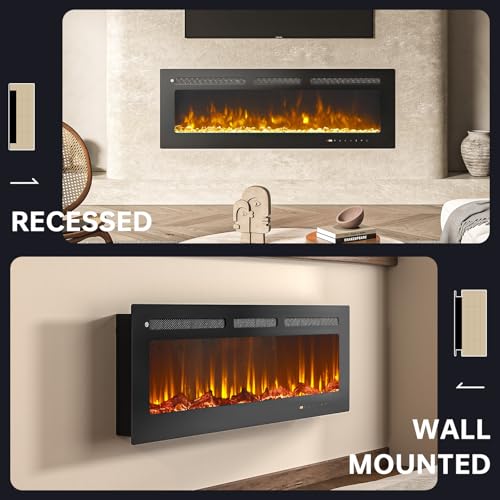 oneinmil 50” Smart Electric Fireplace Heater, Compatible with Alexa & Google Home, Wall Mount, in-Wall Recessed Fireplace Insert, Ajustable Flames, 750W/1500W Indoor Heater oneinmil