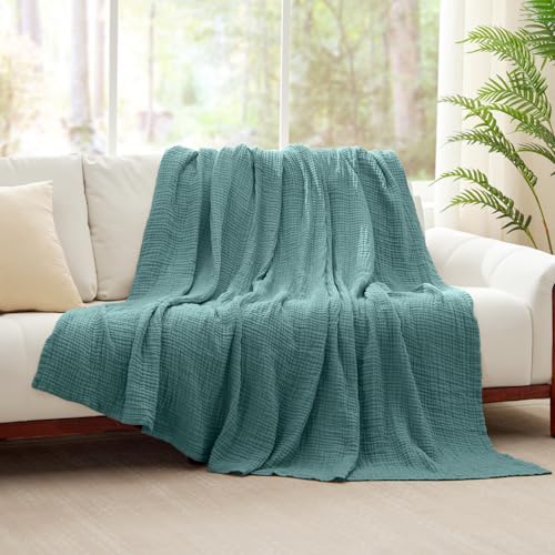 Kozyhvn 100% Cotton Muslin Blanket Twin XL 66" x 90", Breathable and Cooling Bed Blankets, Soft Boho Bedspread, Gauze Bedding for Adults All Season, Turquoise, Teal Kozyhvn