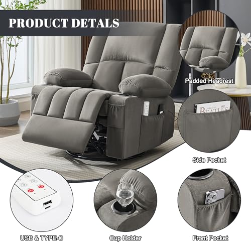Reedvales Oversized Recliner Chairs for Adults, 270° Swivel Rocker Recliner with Heat and Massage Lazy Boy Recliner, Recliner Chairs Single Sofa Seat with Cup Holders (Grey, Electric)
