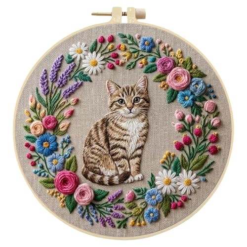 FRANDEK Cute Cat Stamped Embroidery Kit for Beginners Adults, DIY Needlework with Bamboo Hoop Pre-Printed Cotton Fabric, Complete Craft Gift for Women Home Decor