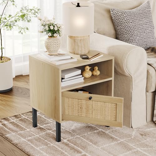 Boho Rattan Nightstands Set of 2 with Metal Legs and Open Shelf, Natural Wood Finish Angel Sar