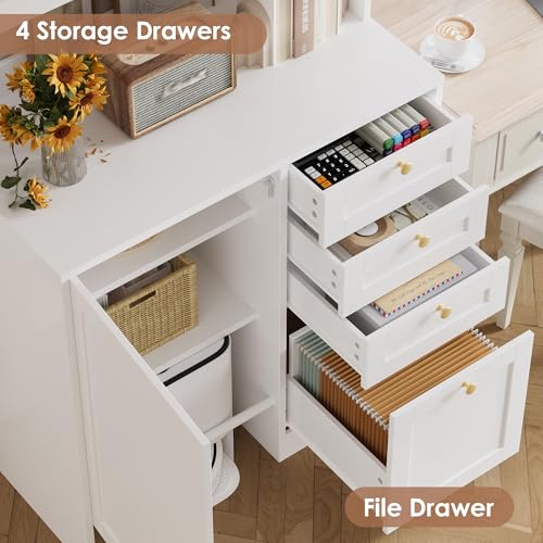 70.8"H Tall Robot Vacuum Stand Cabinet with 4 Drawers for Hanging Files, Pantry Storage Cabinet with Microwave Stand Printer Stand and Adjustable Shelves Bookcase for Living Room, Office, White Keyluv