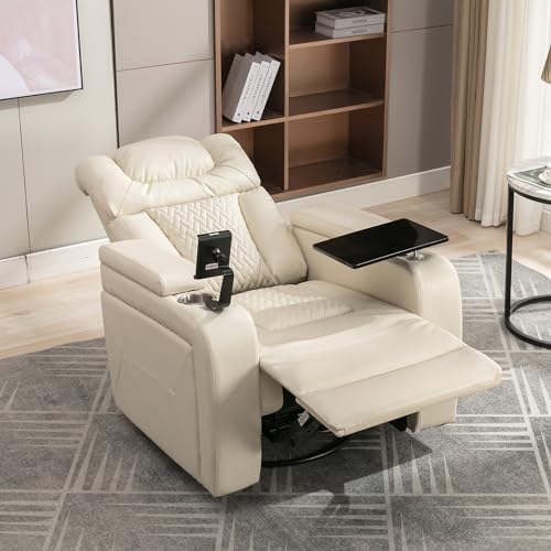 Ball & Cast Power Recliner Chair,270 Degree Swivel PU Leather Home Theater Seating for Living Room,Soft Individual Chair with Tray Table, Phone Holder,Cup Holder,USB Port,Hidden Arm Storage,White
