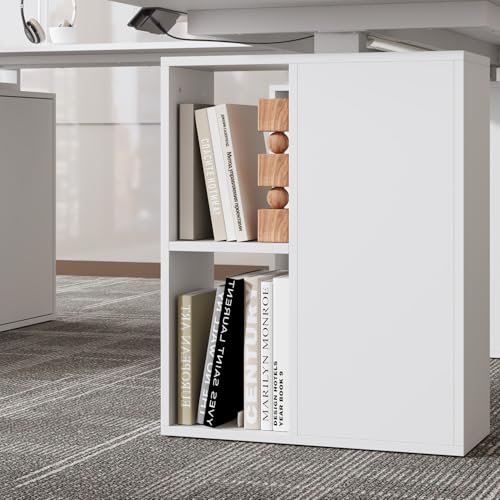 WOODTIME U-Shaped Electric Standing Desk with Drawer, Doors & Open Shelves, Height Adjustable Home Office Computer Stand up Desk with Storage, White WOODTIME