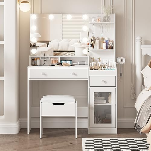 Vabches Vanity with Mirror and Lights, Makeup Vanity Table with Charging Station, Cute Vanity Set with Comfortable Bench, Big Vanity with 3 Storage Compartments, 39.8inch, White Vabches