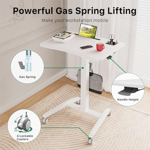 Gibbon Mounts Mobile Standing Desk, Height Adjustable Rolling Laptop Desk, 27 inches Portable Sit Stand Desk with Wheels and Hook, Pneumatic Computer Table, White Gibbon Mounts