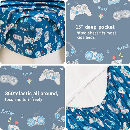 Softan Kids Bed Sheet Set, 4-Piece Full Size Sheets, Microfiber Fitted Sheet with 15 Inches Deep Pocket and Corner Straps, Breathable & Silky Soft Game Controller Printed Sheet and Pillowcase Sets Softan