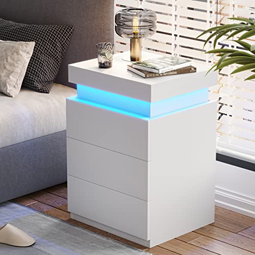 ADORNEVE Nightstand with Charging Station and LED Lights,Night Stand with Sliding Top for Bedroom,Bedside Table with Drawers,Modern End Side Table,White ADORNEVE