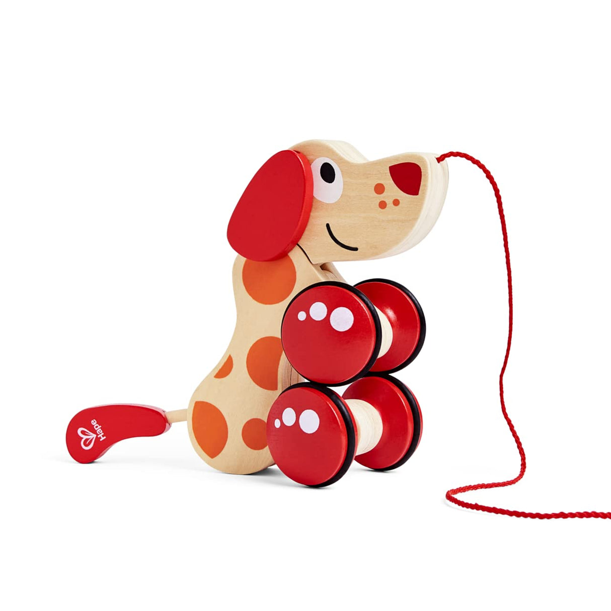 Walk-A-Long Puppy Wooden Pull Toy by Hape | Award Winning Push Pull Toy Puppy For Toddlers Can Sit, Stand and Roll. Rubber Rimmed Wheels for Easy Push and Pull Action, Red , Red/Orange Hape