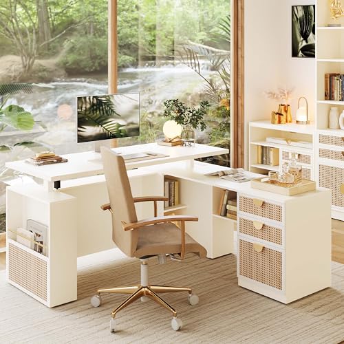 ModernMate 63" Standing Desk with File Cabinet, Privacy Panel, AC/USB, 1.18" Desktop, Executive L Shaped Height Adjustable Desk, Electric Stand Up Table with 3 Drawers, White Rattan ModernMate