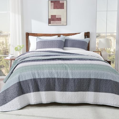 Andency Queen Quilt Bedding Set Sage Green, 3 Pieces Patchwork Mint Green Striped Ultra Soft Lightweight Bedspreads, Coverlets Set with 2 Pillow Shams for All Seasons (90"x96")