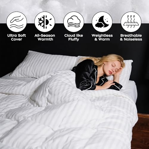 puredown® Goose Feather Comforter Twin Size - All Season Duvet Insert, Ultra Soft Stripe 100% Cotton Shell Hotel Collection Comforters, 500 Thread Count with Ties (68x90'',Stripe White) puredown