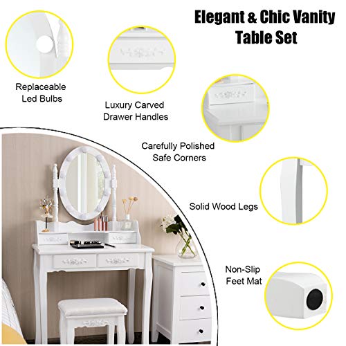 Giantex Makeup Vanity Table with 10 LED Lights, Adjustable Brightness, 3 Color Light Modes, 4 Drawers, Rotatable Mirror, Cushioned Stool, Vanity Desk Dressing Table Bedroom Furniture (White) Giantex