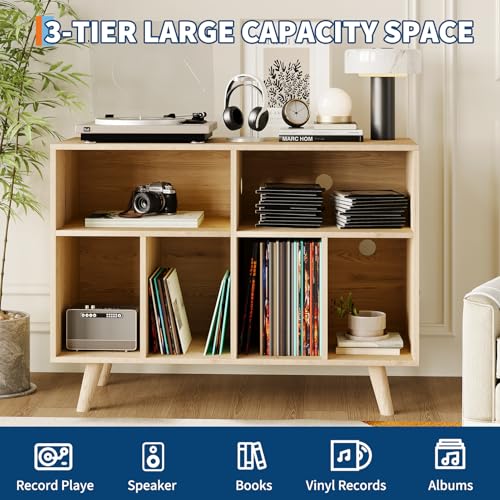 IDEALHOUSE Record Player Stand with Vinyl Storage, 39.5in Large Vinyl Record Holder Player Cabinet Wood Turntable Stand Up to 350 Albums with Charging Station for Living Room, Natural IDEALHOUSE