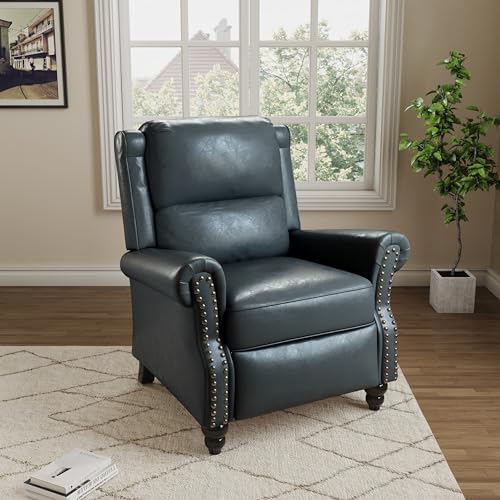 Pushback Recliner Chair, Faux Leather Wingback Recliner Chair, Upholstered Armchair Push Back Recliner with Wood Legs, Rivet Trim Single Sofa Accent Chair for Living Room, Bedroom, Navy